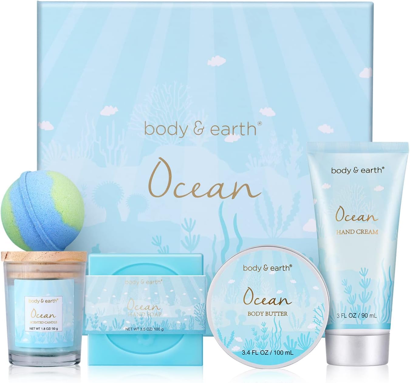 Body & Earth Ocean Bath Spa Gift Set – 5 Piece Pamper Kit with Candle