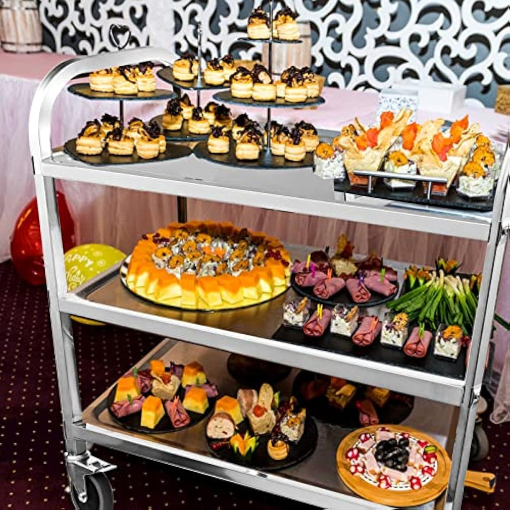 3-Tier Stainless Steel Serving Trolley – Rolling Utility Cart