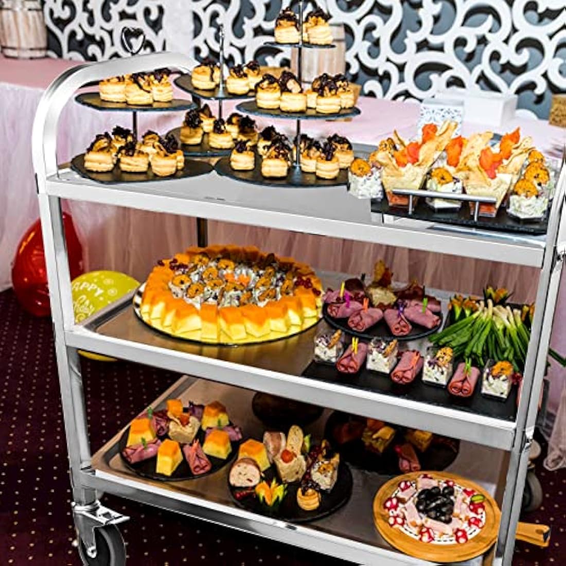 3-Tier Stainless Steel Serving Trolley – Rolling Utility Cart