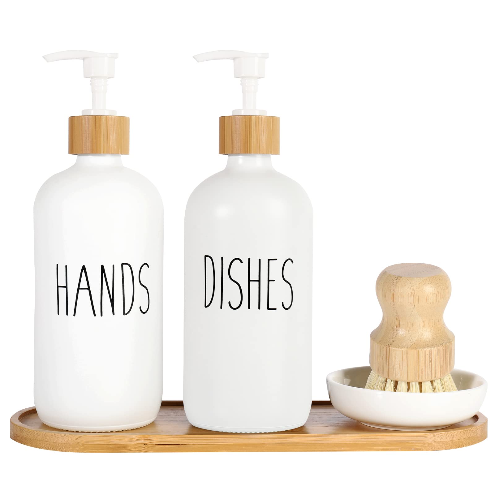 Jolof Store Farmhouse Glass Soap Dispenser Set with Bamboo Tray & Brush