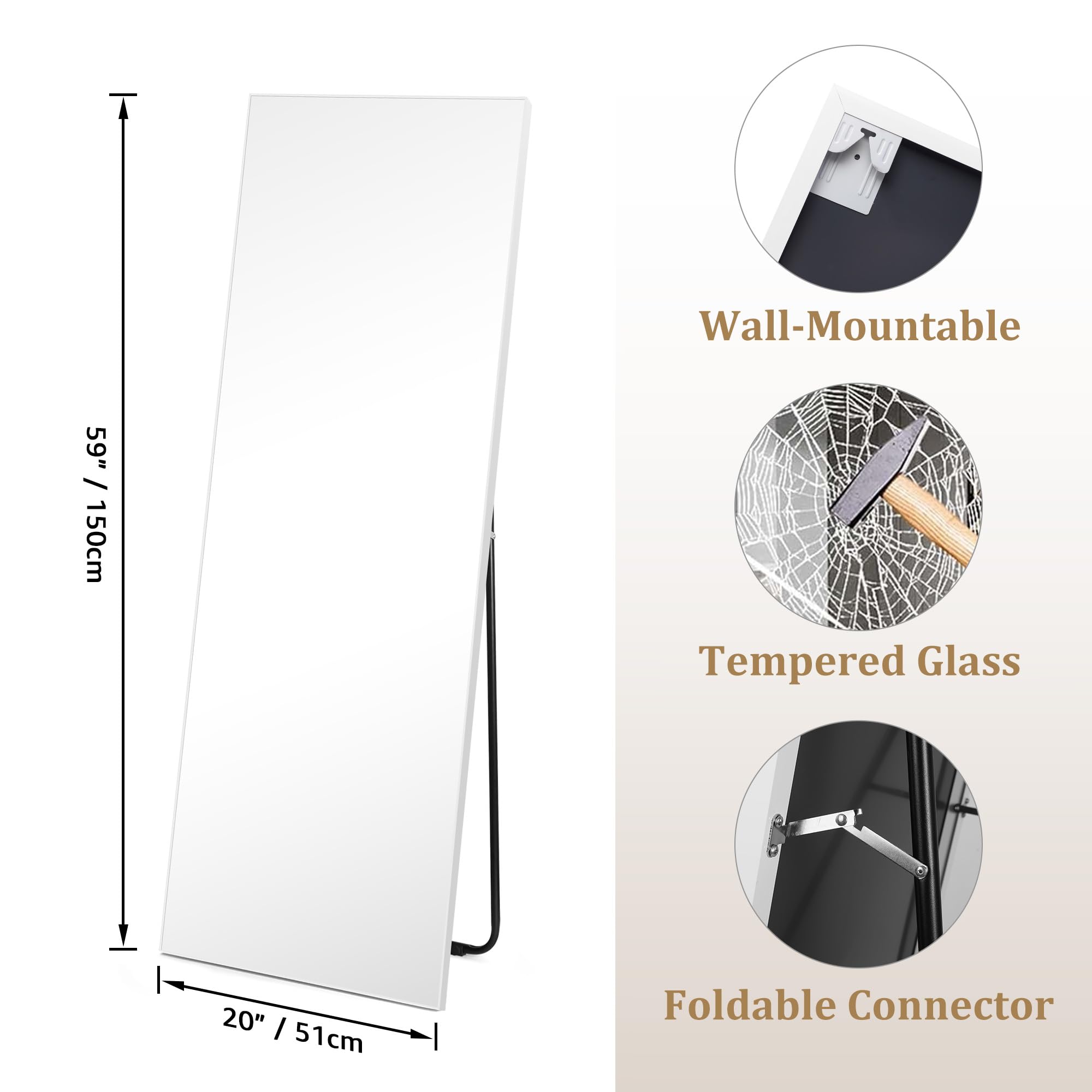 Hoikwo Full Length Mirror – 59x20" White Frame Standing & Wall Mirror