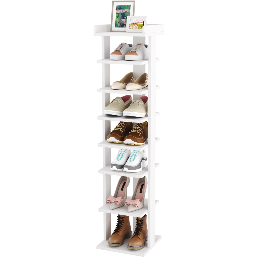 HOME BI 7-Tier Narrow Shoe Rack – Slim Wooden Corner Storage Tower, White