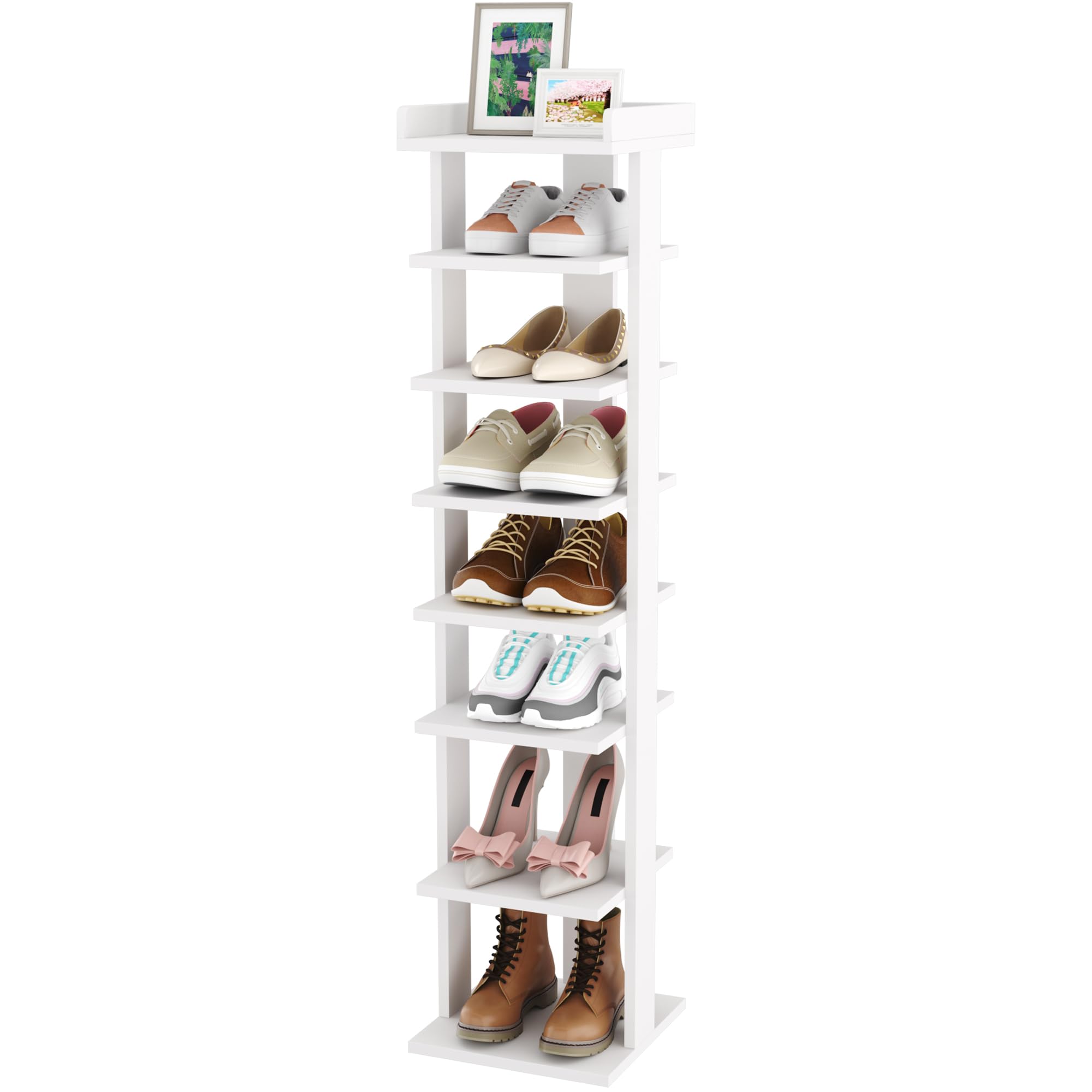 HOME BI 7-Tier Narrow Shoe Rack – Slim Wooden Corner Storage Tower, White
