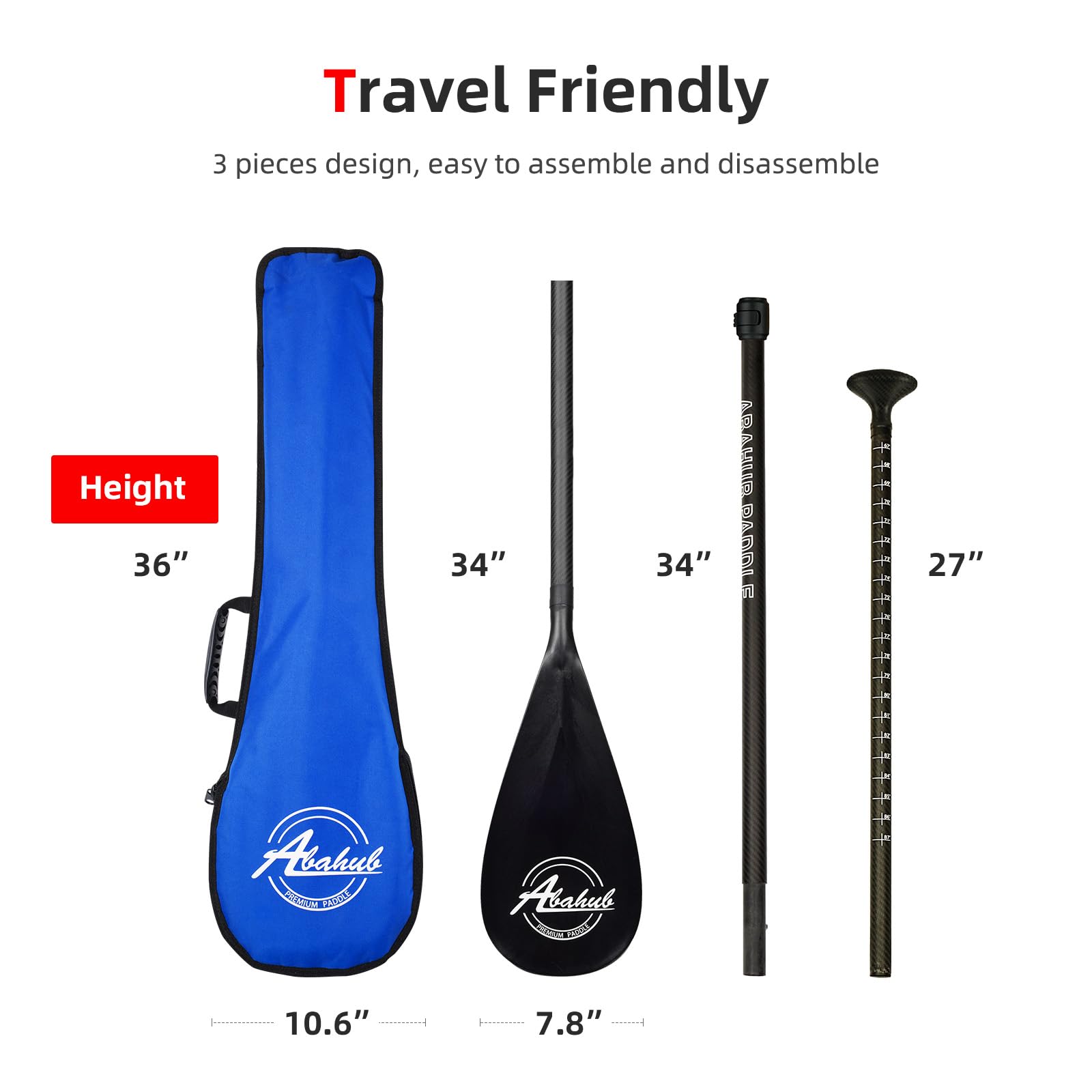 Abahub Carbon SUP Paddle | 3-Section Adjustable 67"-86" Oar with Bag