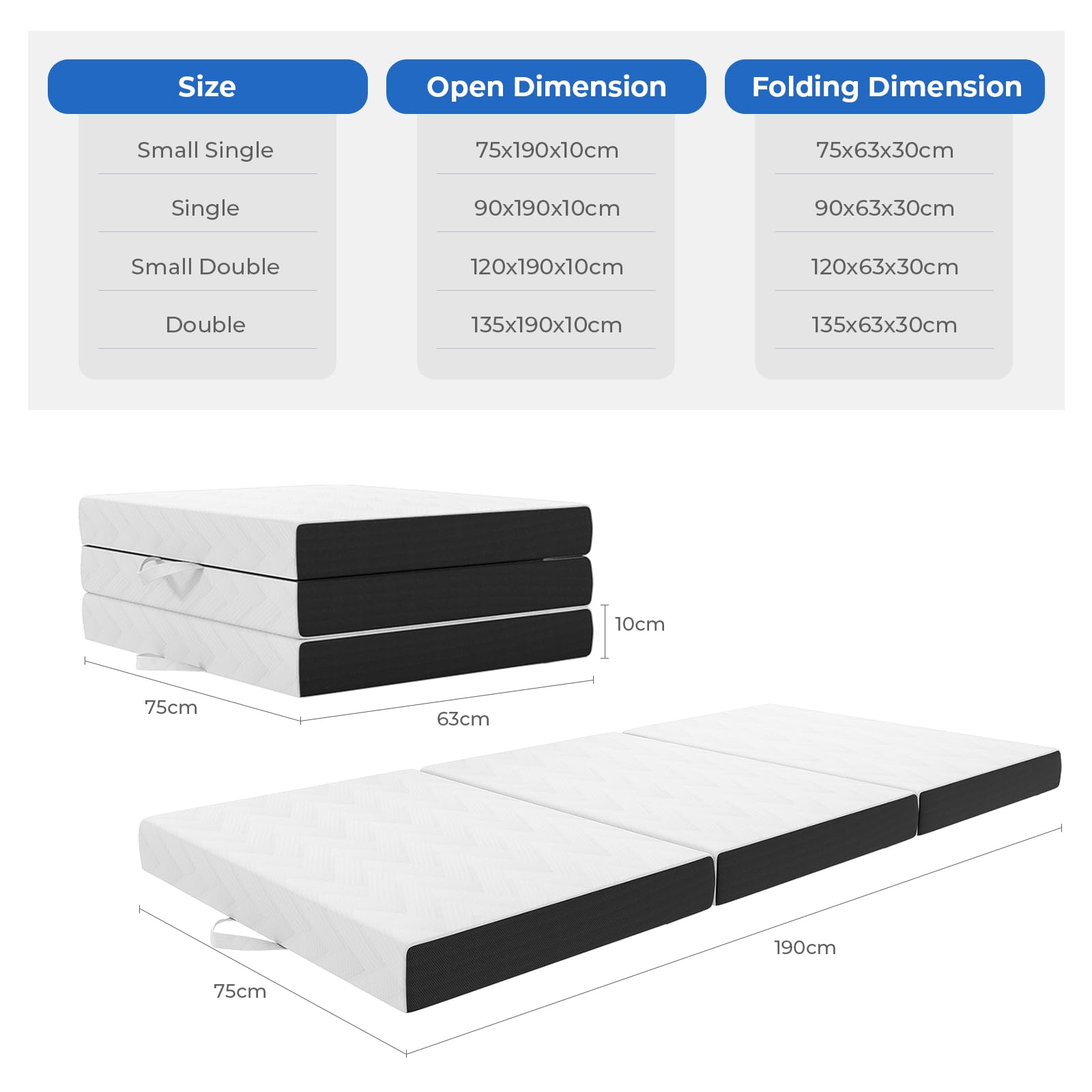 Vesgantti Small Single Folding Mattress | 10cm Gel Memory Foam Tri-Fold