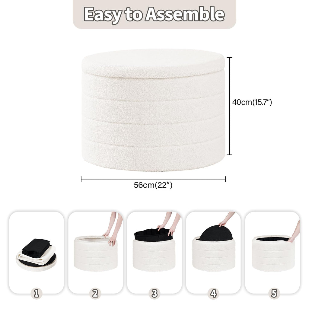 PINPLUS Round Ottoman Storage, Convertible Table, Cream White, 56x56x40 cm