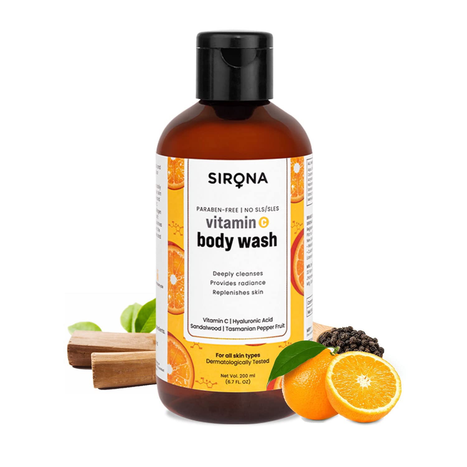 Sirona Vitamin C Body Wash – Hydrating Gel with Hyaluronic Acid - 200ml
