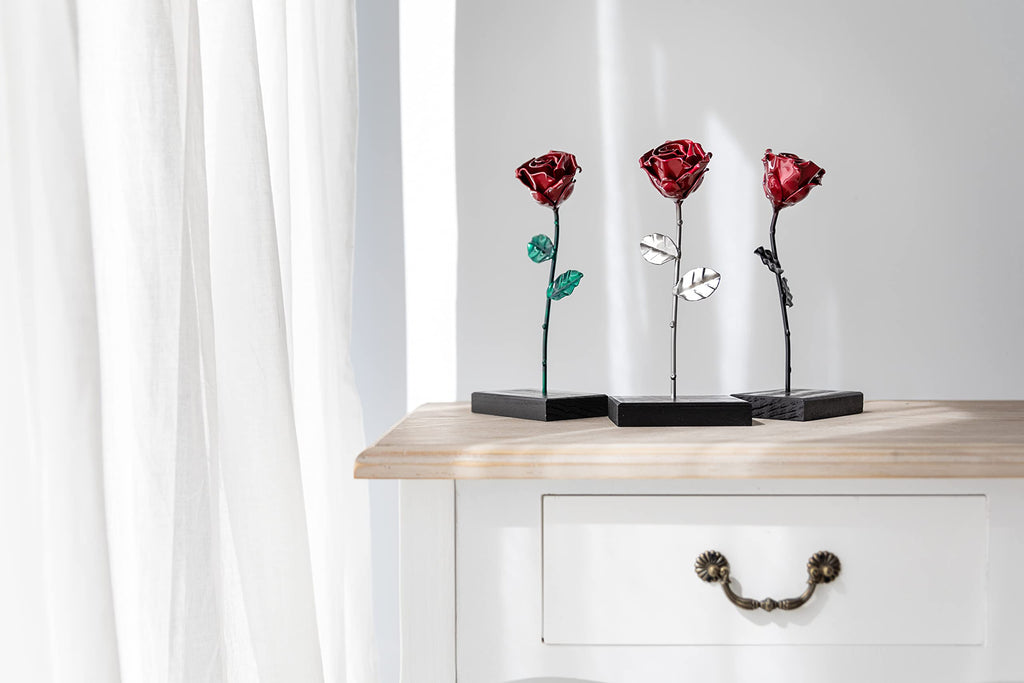 Forging Art Bcn Hand Forged Wrought Iron Rose - Red & Silver Metal Flower