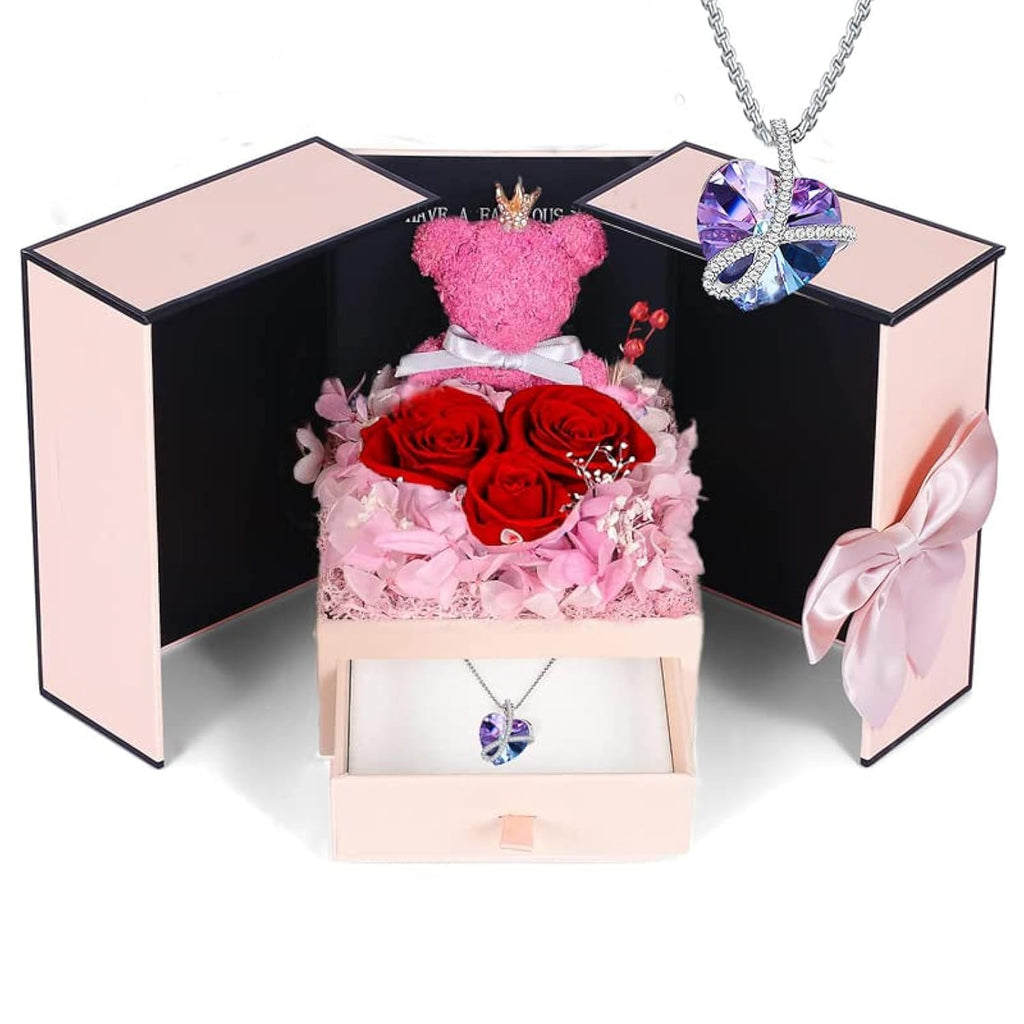 Firestyle Preserved Red Rose Moss Bear with Purple Heart Necklace Gift Box