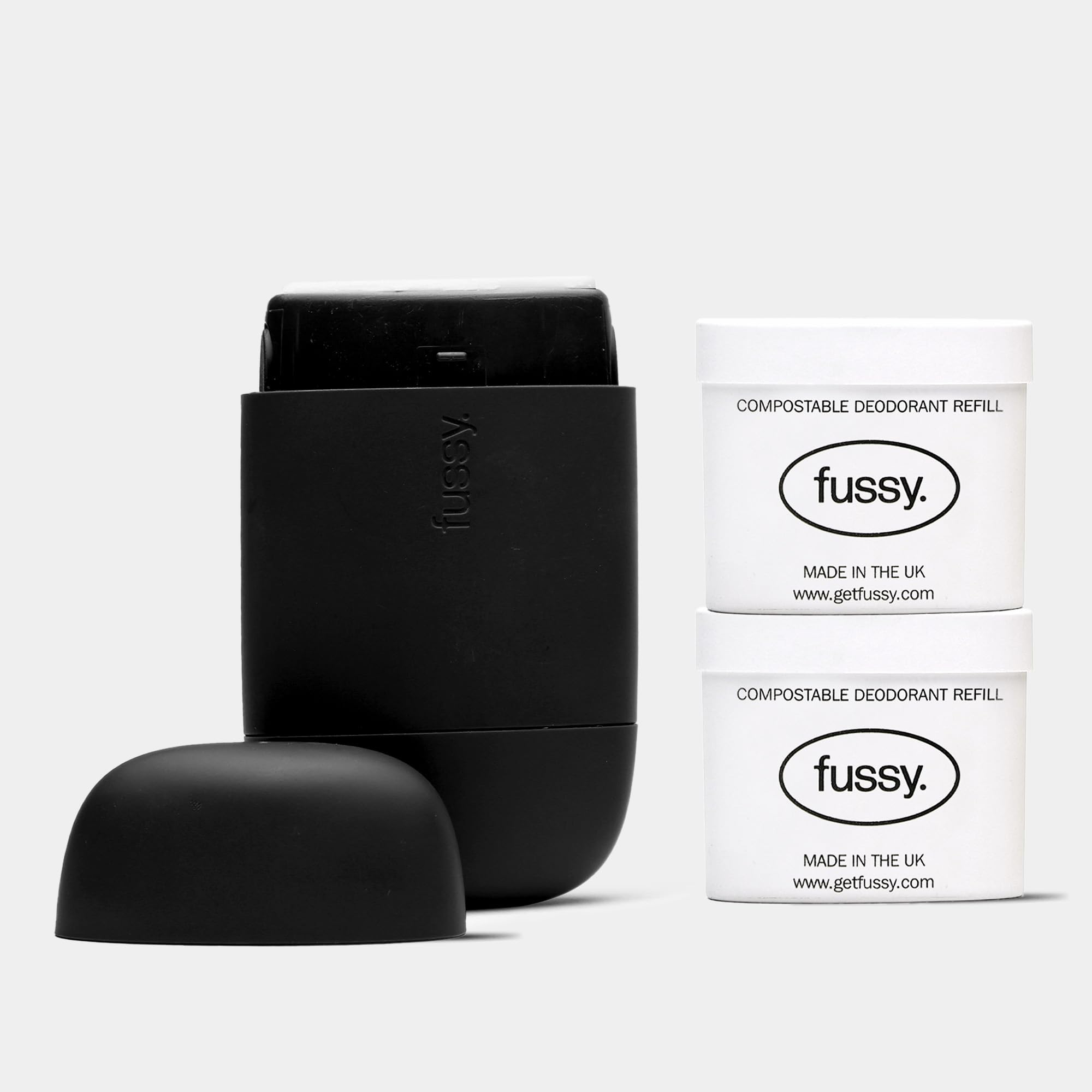 Fussy Natural Refillable Deodorant – Midnight Black Case & 2 Refills