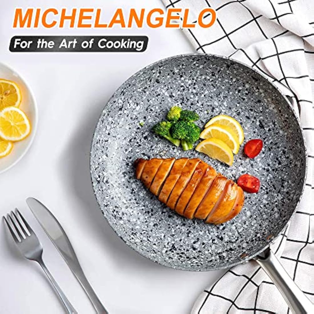 Michelangelo 28cm Non Stick Frying Pan with Lid | Granite Stone Skillet