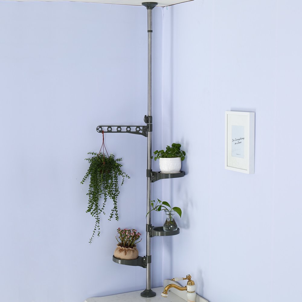 BAOYOUNI Tension Rod Plant Stand – Adjustable Window Flower Rack with 3 Trays