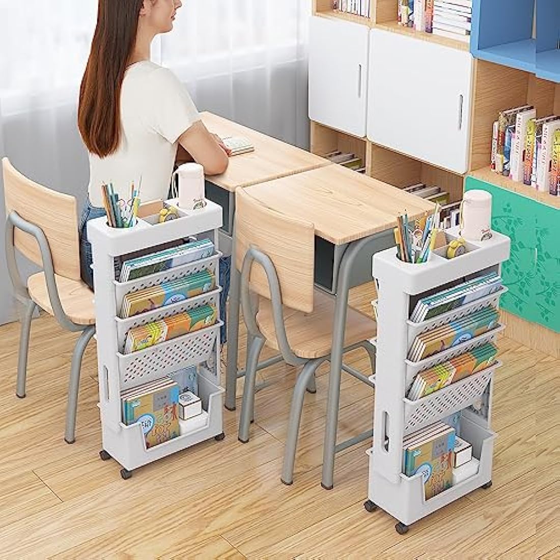 Jolof Store Mobile Bookshelf - Rolling Storage Cart with Wheels, White