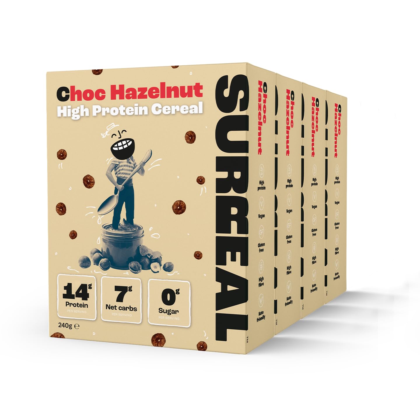 Surreal Choc Hazelnut High Protein Cereal – Vegan & Zero Sugar – 4 Pack