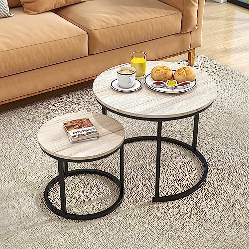 HOJINLINERO Round Nesting Coffee Table Set of 2 – Rustic Brown Wood