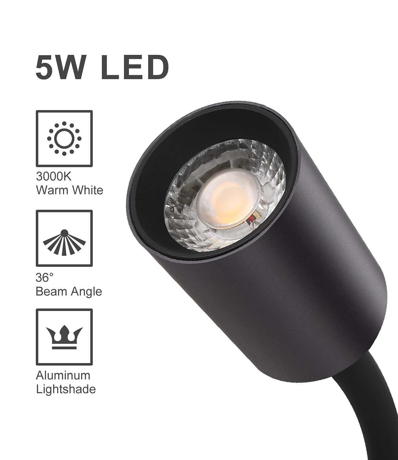 DAWALLIGHT 5W LED Gooseneck Reading Light | Black Wall Mounted Bedside Lamp