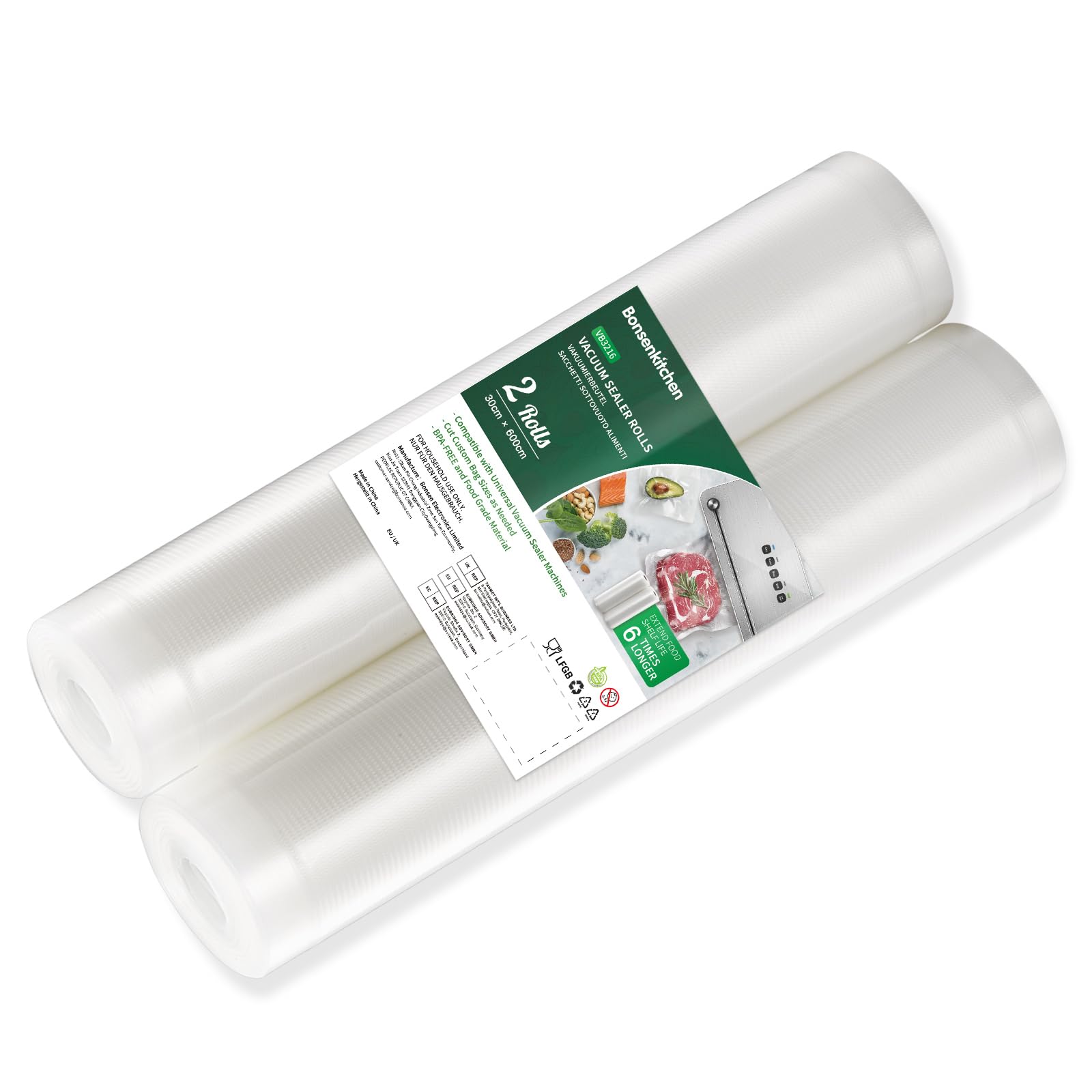 Bonsenkitchen Vacuum Sealer Rolls | 2-Pack 30x600cm BPA Free Food Bags