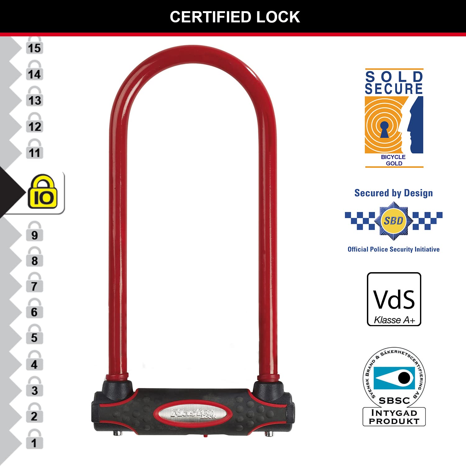 Master Lock Heavy Duty D-Lock – Sold Secure Gold Steel Bike U-Lock, Red