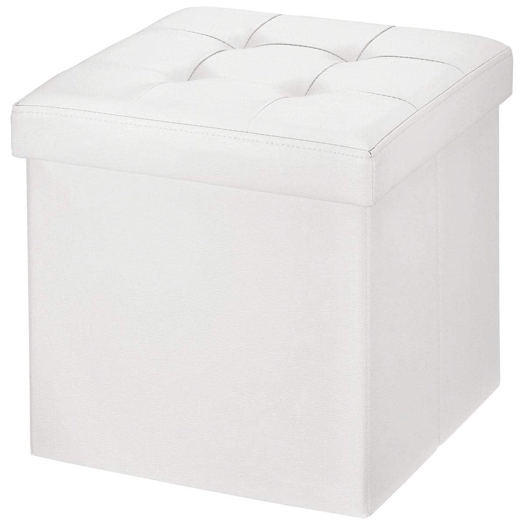 BRIAN & DANY Folding Ottoman Storage Box with Lid, Faux Leather Footstool Toy Storage Box Storage Seat 38 x 38 x 38 cm White