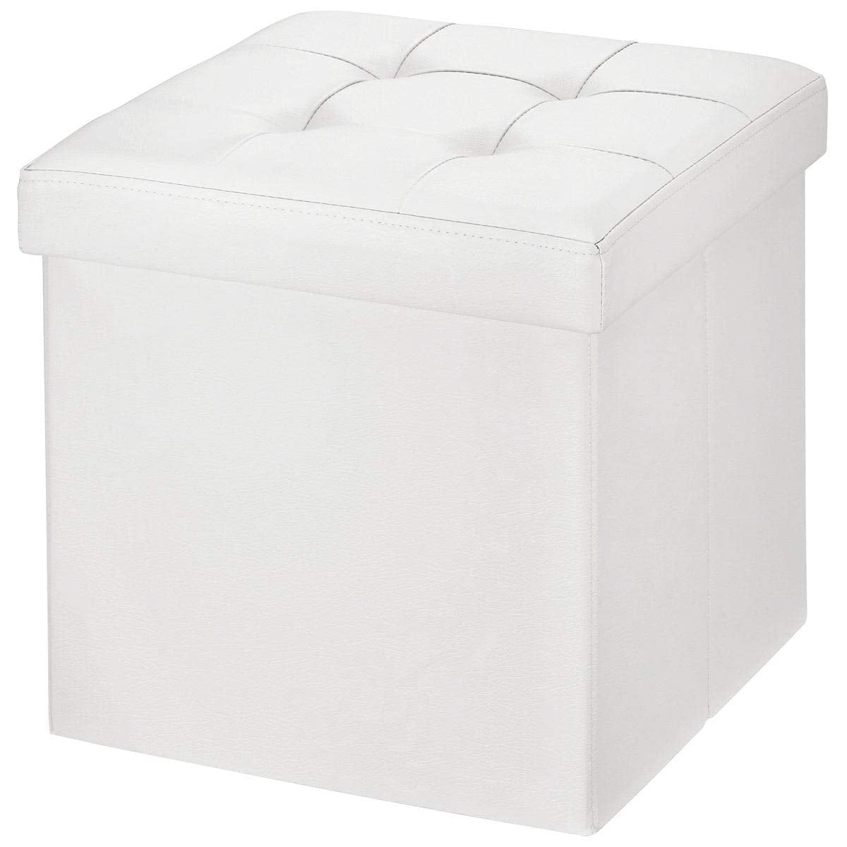 BRIAN & DANY Folding Ottoman Storage Box with Lid, Faux Leather Footstool Toy Storage Box Storage Seat 38 x 38 x 38 cm White