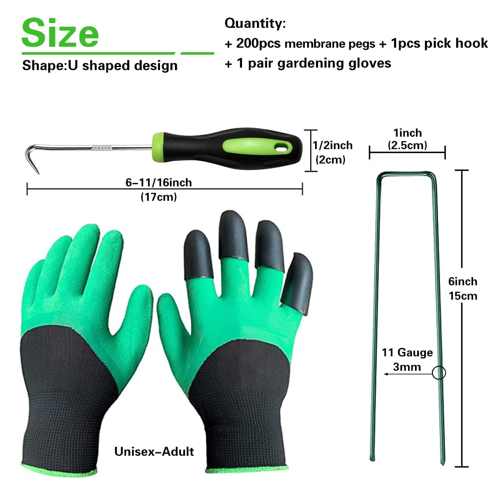 Bakulyor 200 Pack Green Landscape Staples | 6-Inch U-Shaped Steel Garden Pins