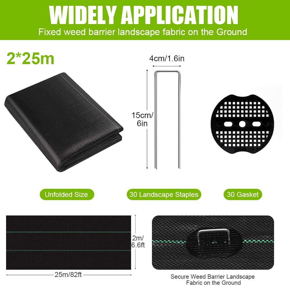 BEGONDIS Heavy Duty Weed Control Membrane 25m x 2m with Garden Pegs