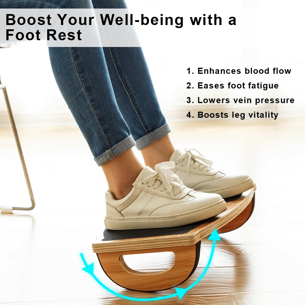 StrongTek Wooden Under Desk Foot Rest Rocker – Ergonomic Non-Slip Stool
