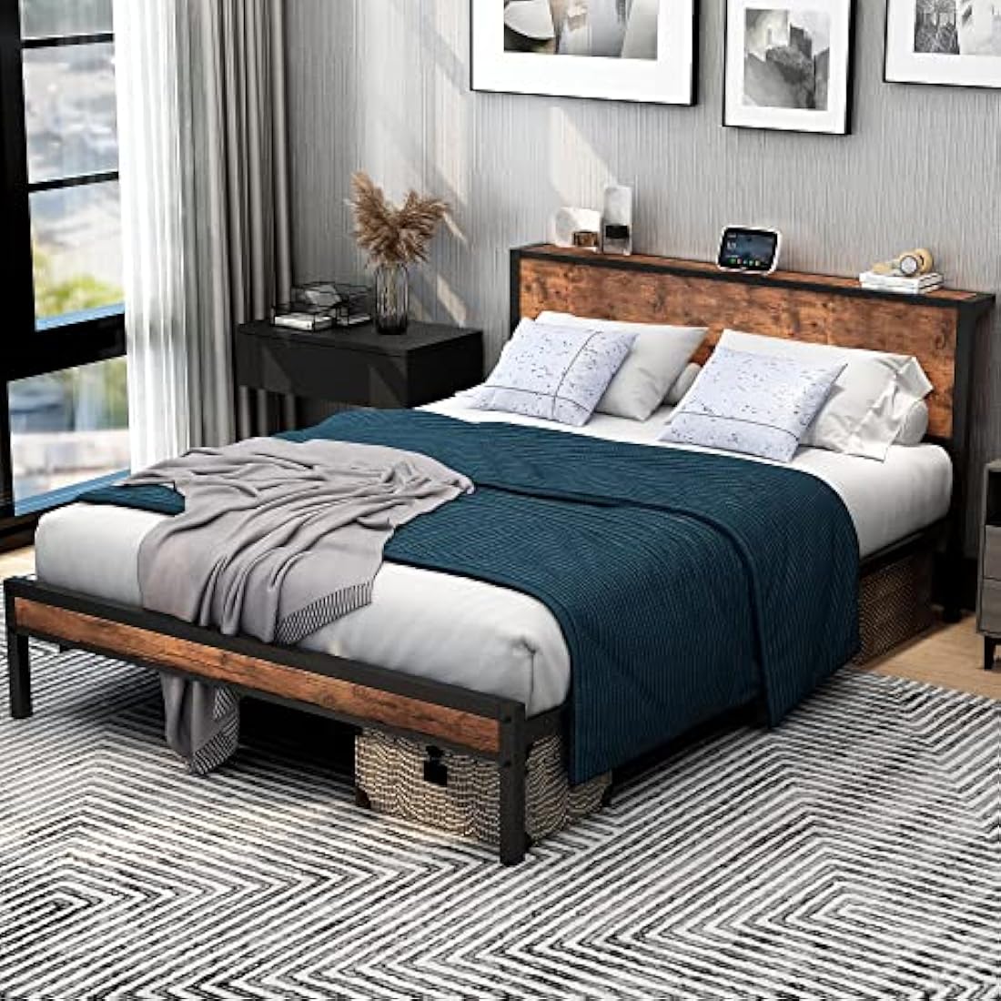 DUMEE King Size Metal Bed Frame with Storage Headboard – Black & Oak