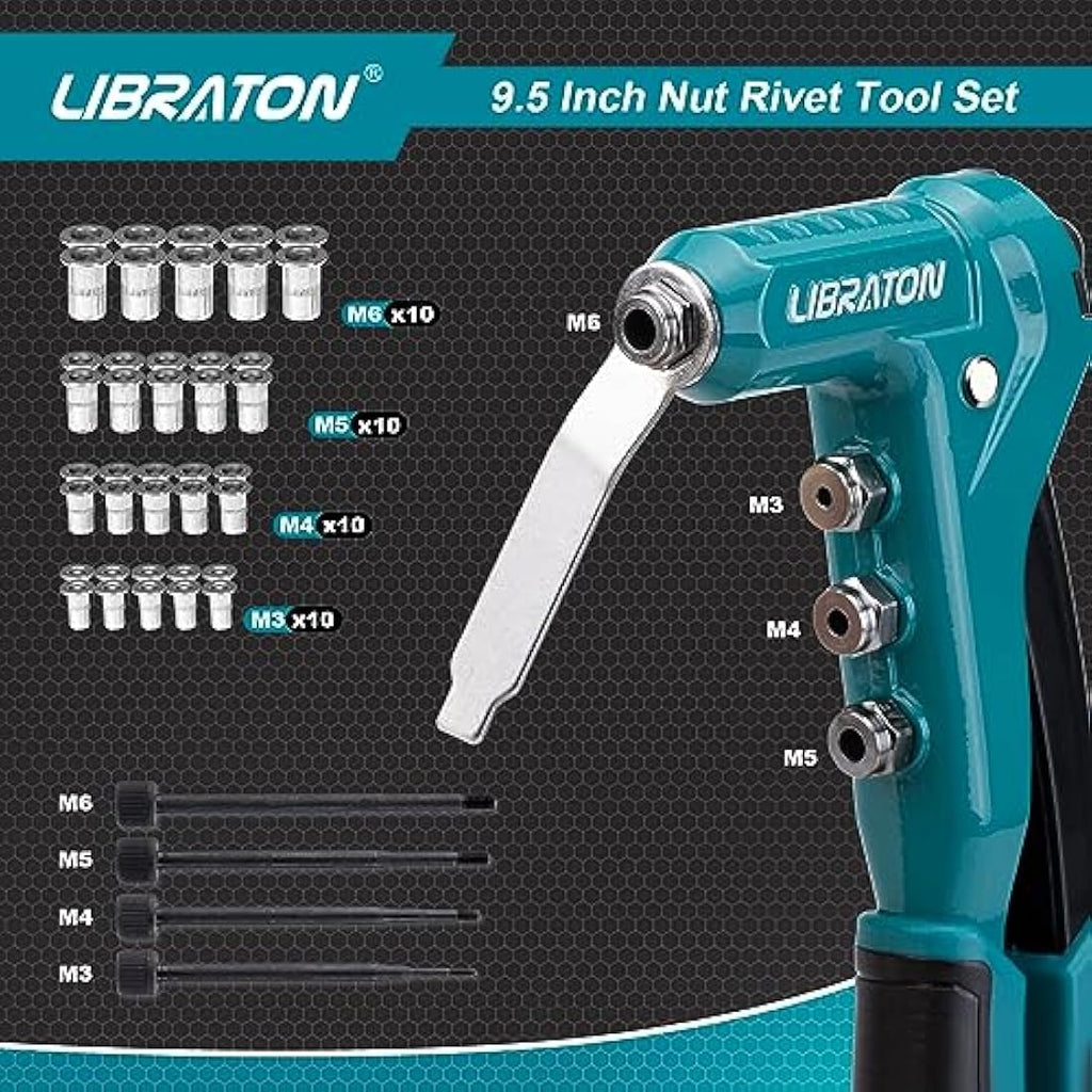 Libraton 9.5" Rivet Nut Tool Kit | One-Handed Riveter with 40 Nuts