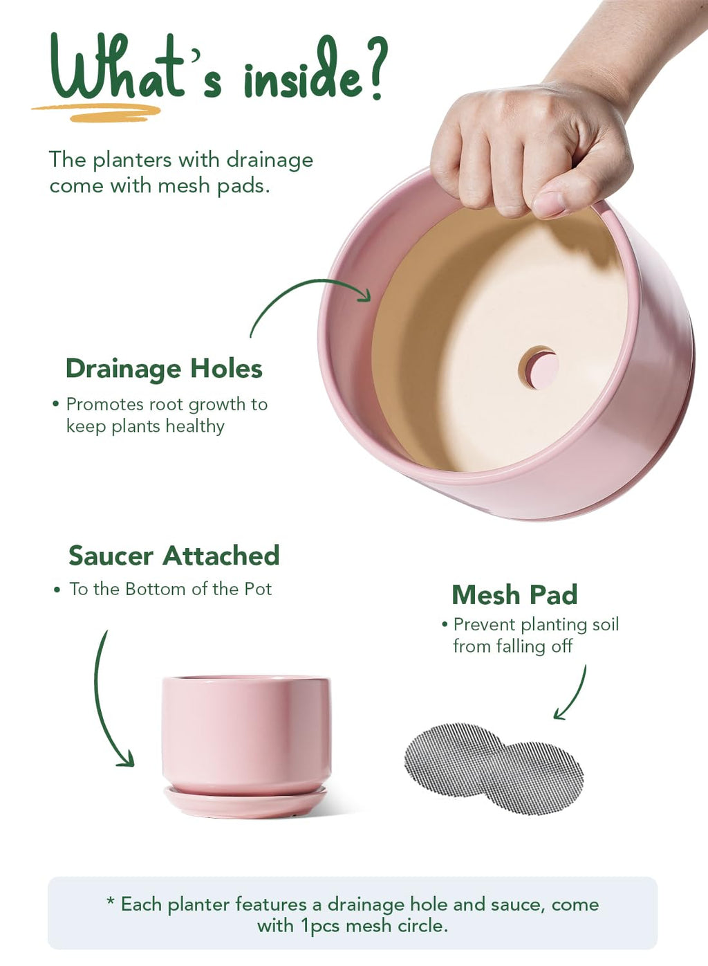 LE TAUCI Ceramic Plant Pots | Set of 3 Indoor Planters with Drainage - Pink