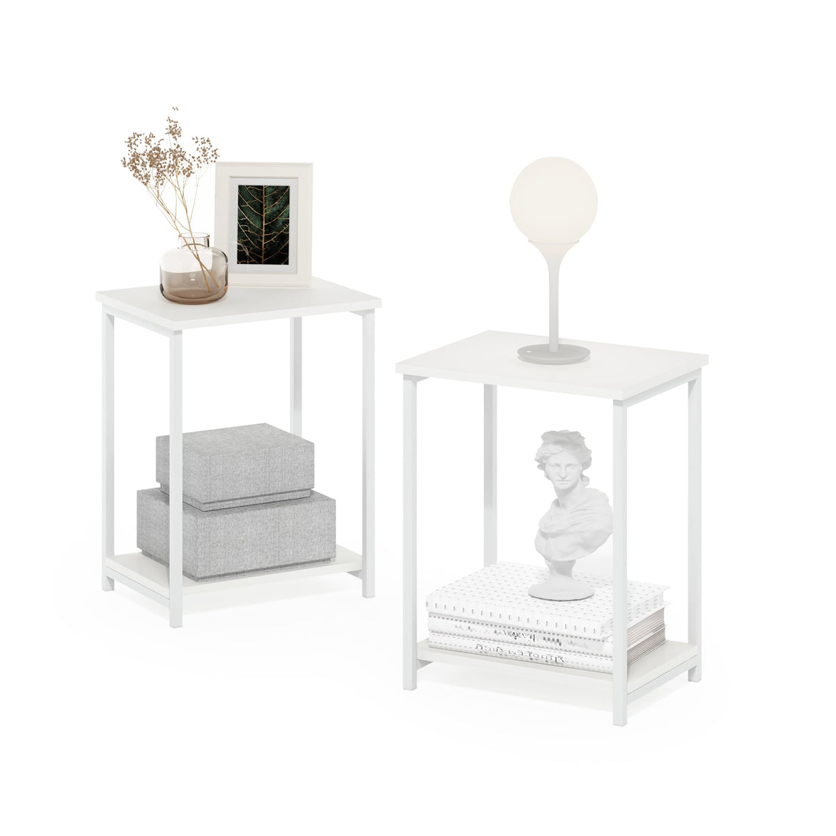 Furinno SIMPLISTIC Side Table Set of 2, 2-Tier Metal Frame End Table with Open Shelf, Night Stand, Bedside Table, for Living Room, Bedroom, White - image 3