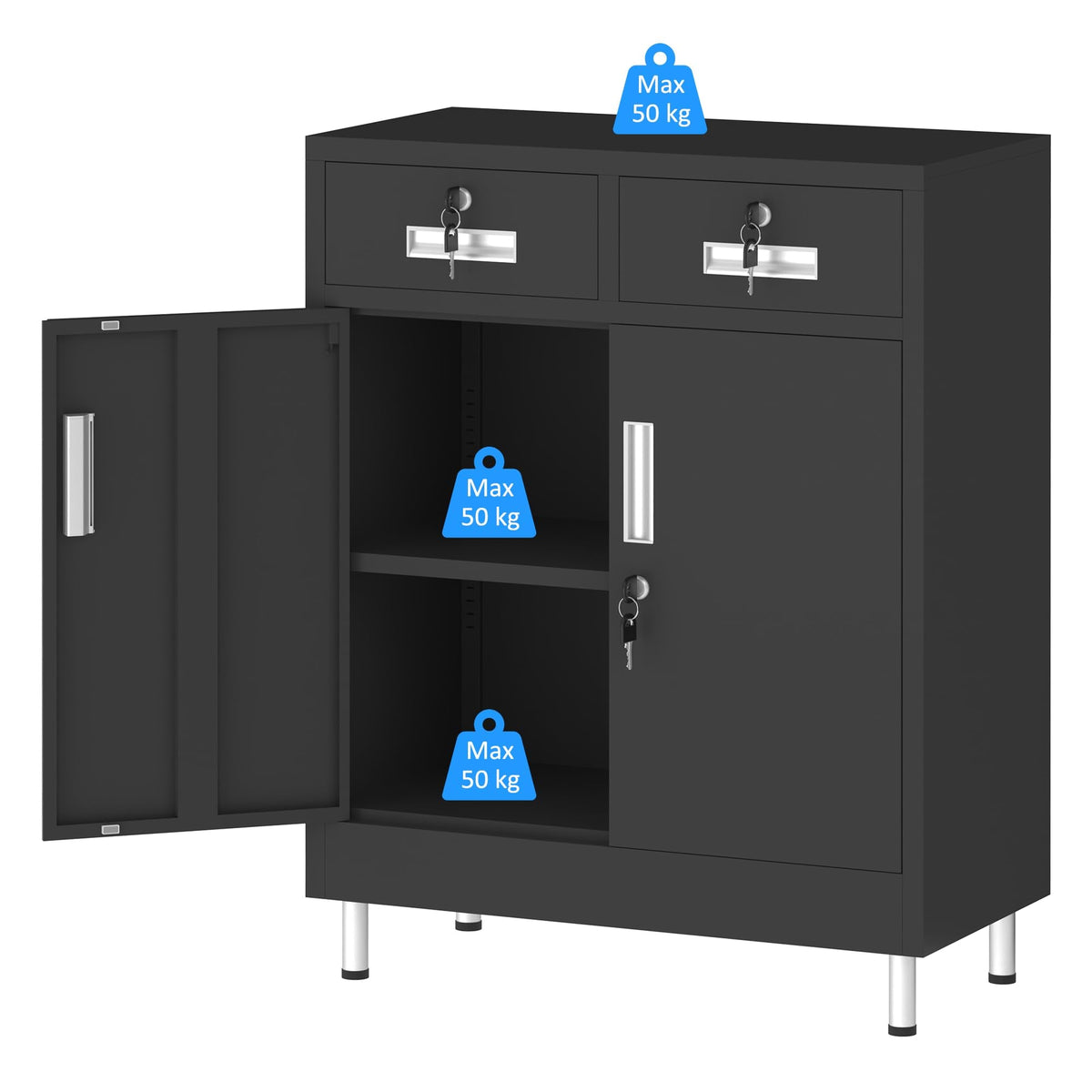 JINGUR Metal Storage Cabinet with Locking Doors and 2 Drawers Black