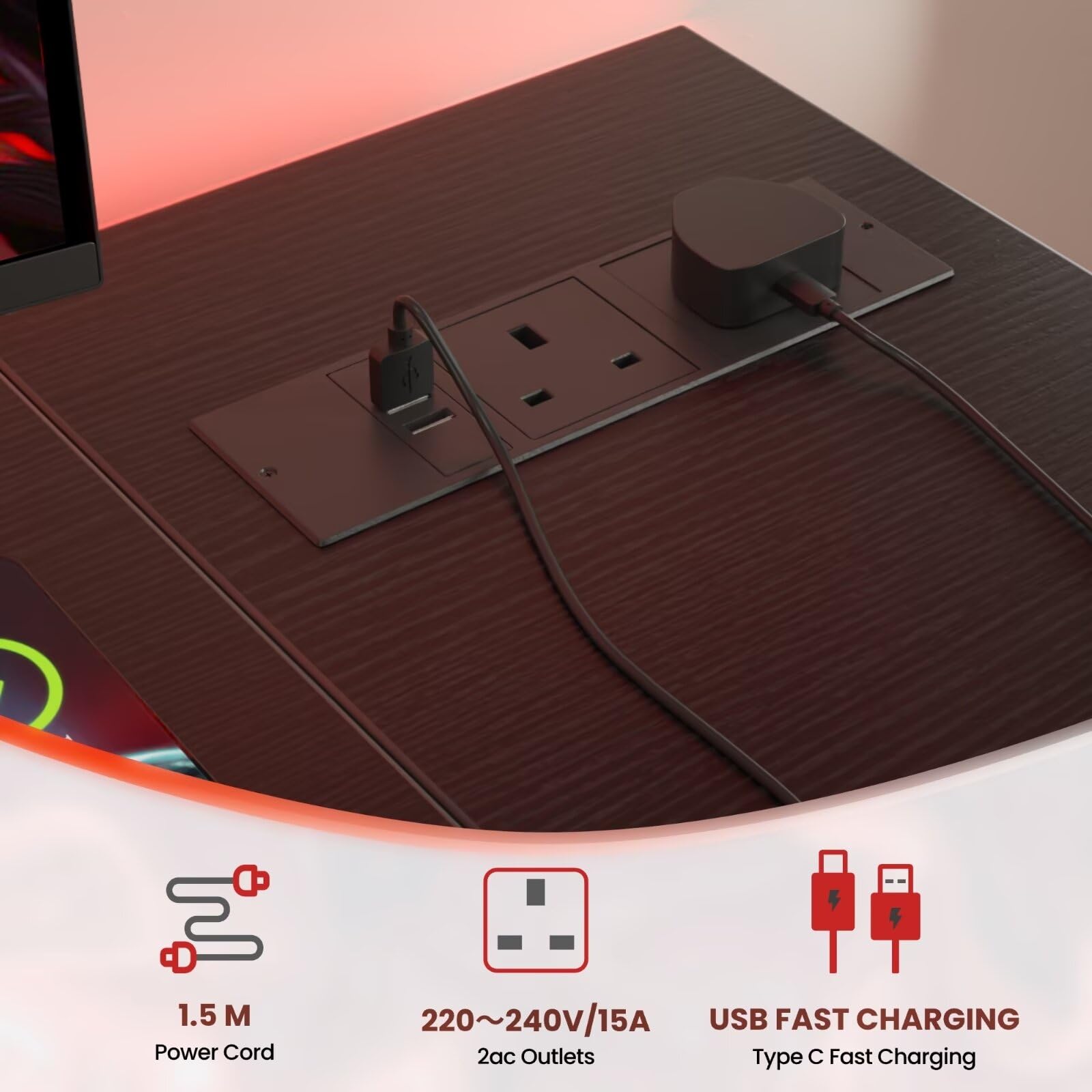 Domshoct L Shaped Gaming Desk with Power Outlets | 120x70cm Corner Desk