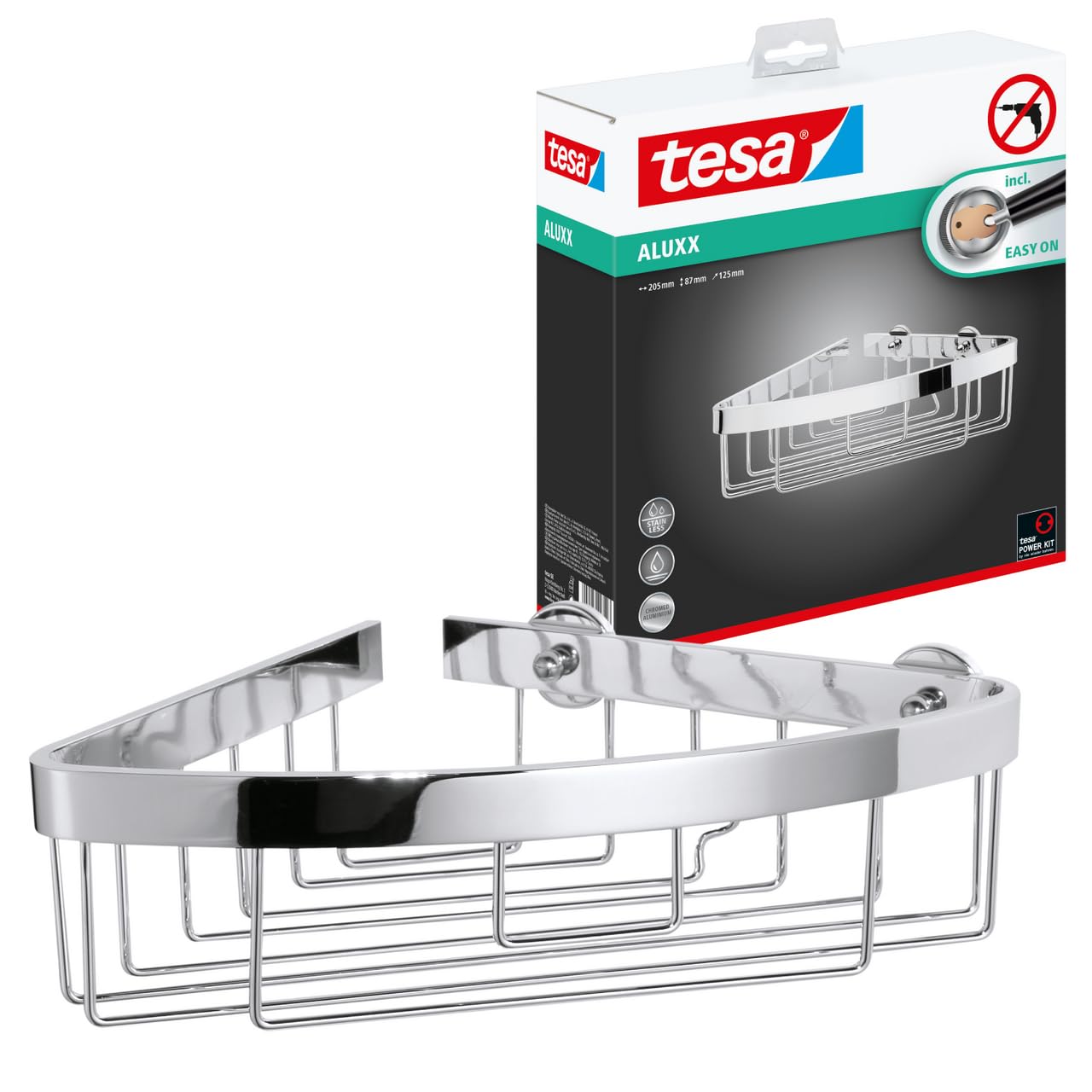 tesa Aluxx Corner Shower Basket | Chrome Aluminum Adhesive Caddy