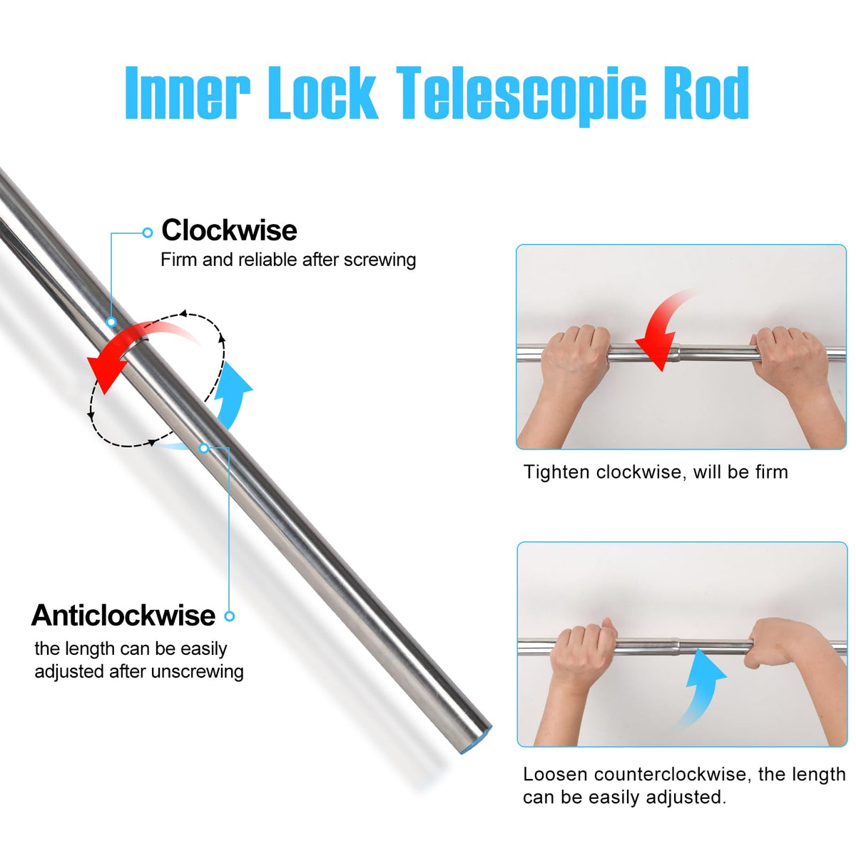 Wardlock 50-80 cm Extendable Stainless Steel Wardrobe Rail, Adjustable Clothes Rail Pole With U Shaped End Sockets. - image 3