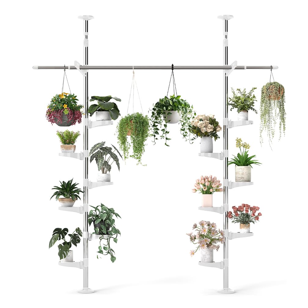Hershii Tension Pole Plant Stand – Stainless Steel Corner Rack with 12 Trays
