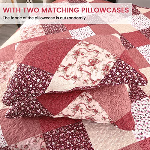 Qucover Super King Patchwork Quilted Bedspread - Red Floral Microfiber Set