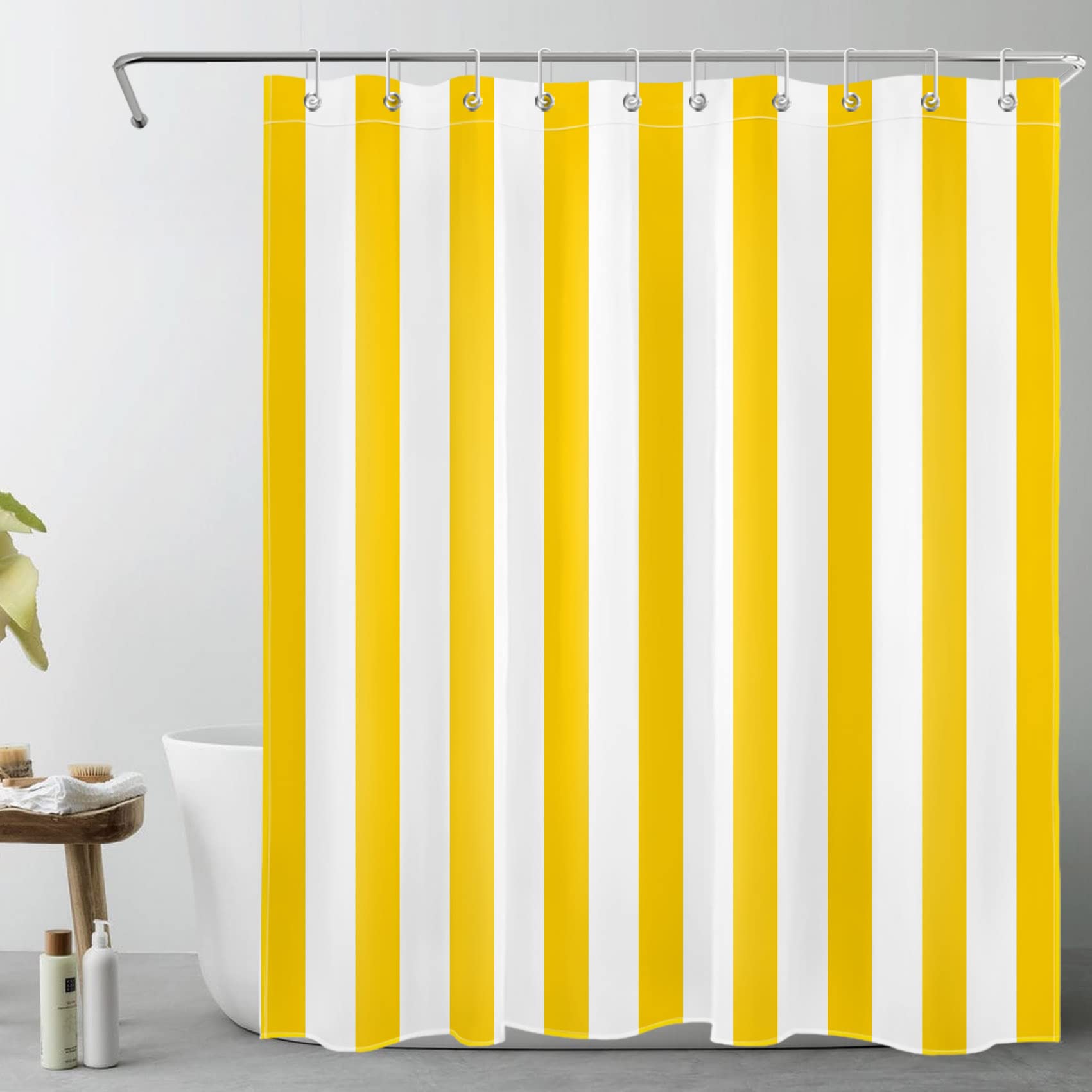 Yellow and White Striped Shower Curtain – Waterproof Polyester