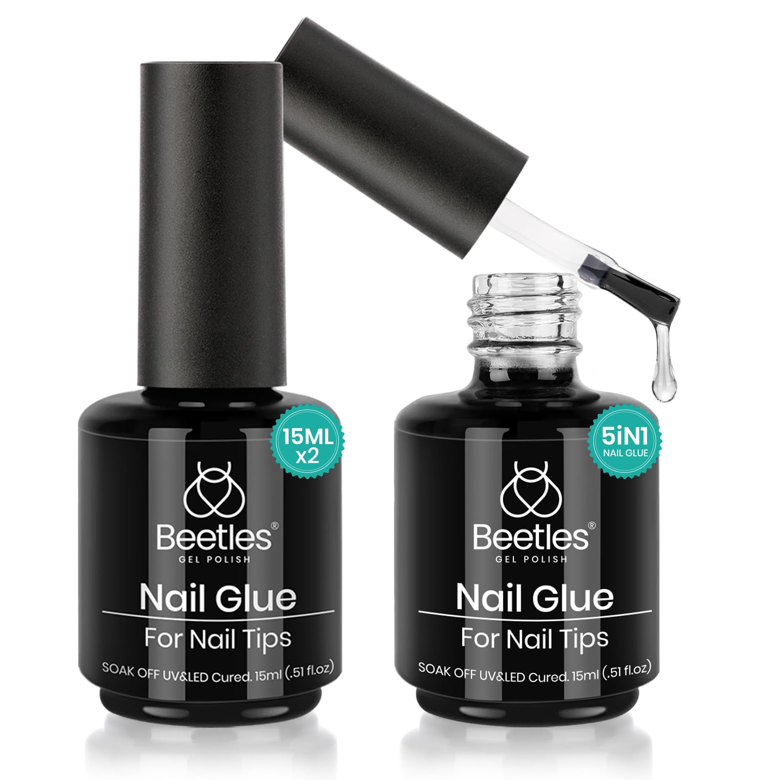 Beetles 5-in-1 Nail Glue Gel Kit | 2 Pcs 15ml Strong Adhesive & Base Gel