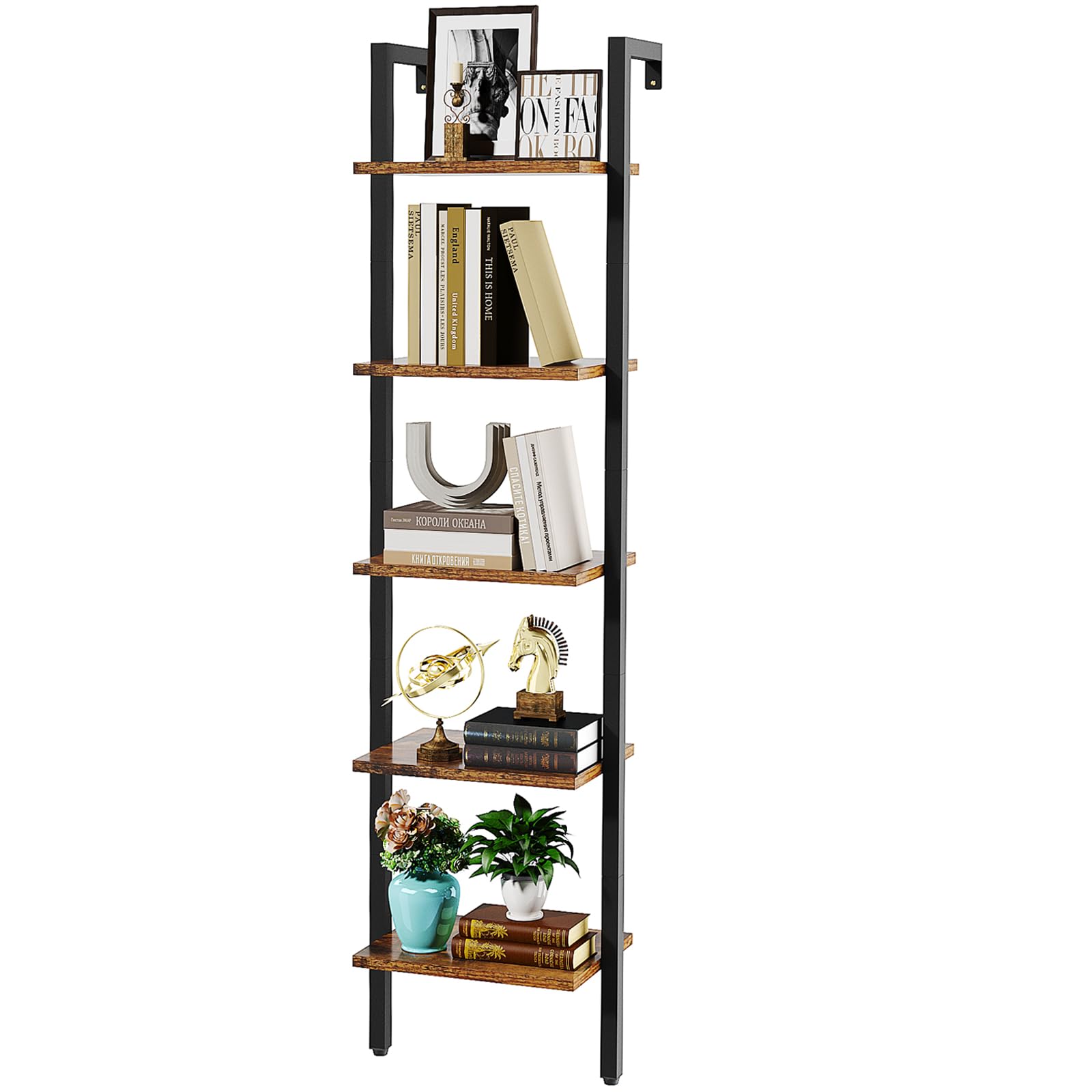 YMYNY 5-Tier Wall Mounted Ladder Shelf – Industrial Metal Bookcase Rack
