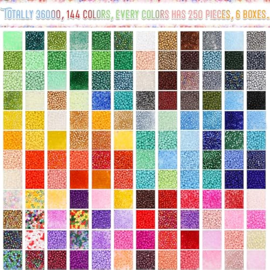 EuTengHao 3mm Glass Seed Beads Kit | 36000pcs 144 Colors Jewelry Making