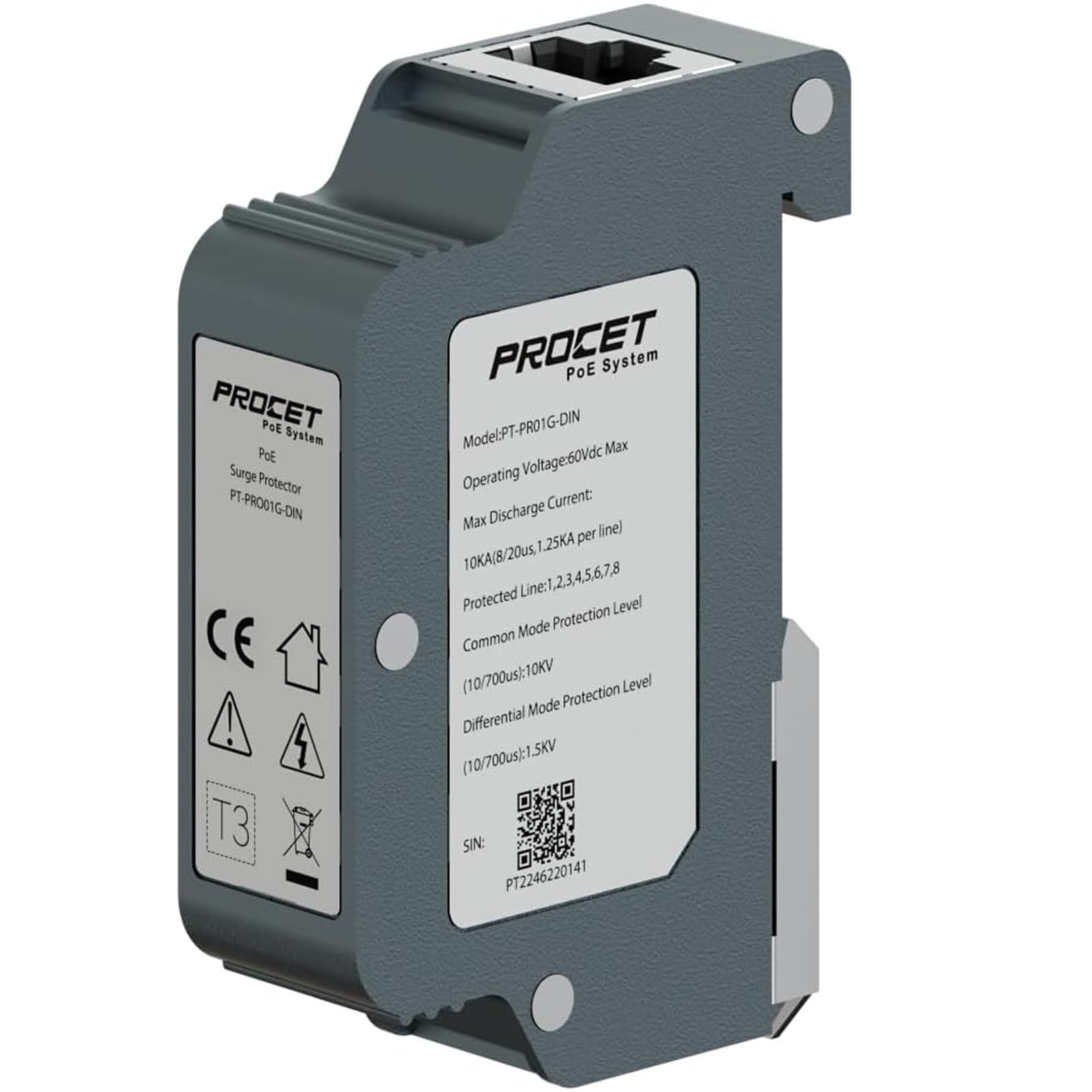 PROCET Industrial Gigabit PoE Surge Protector | 10KV DIN Rail Arrester
