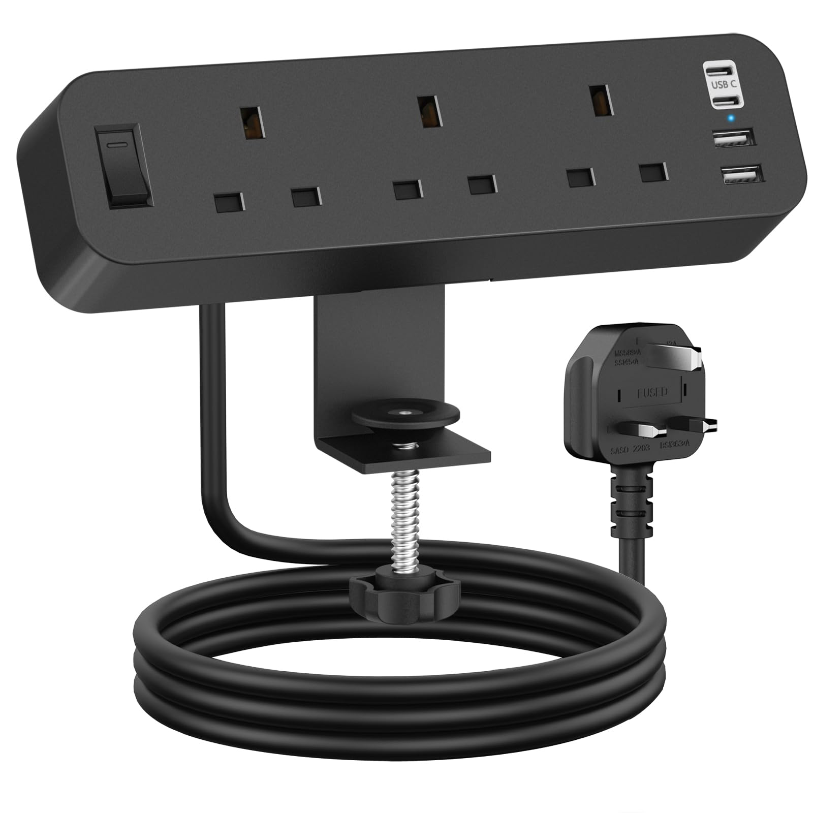 ANVODE 3-Way Desk Power Socket with 4 USB C Ports – 2M Extension Lead