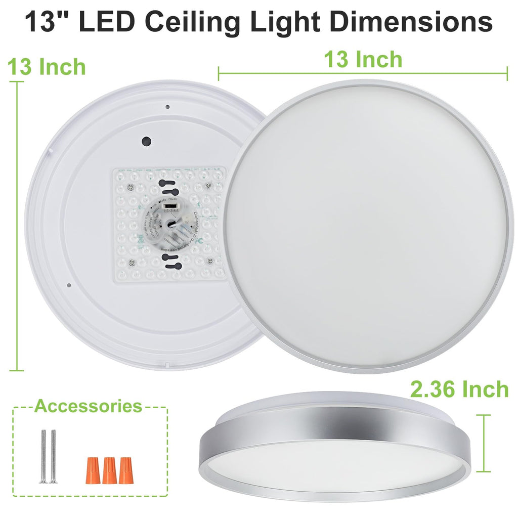 DINGLILIGHTING 24W LED Flush Mount Ceiling Light | 13 Inch Silver Fixture