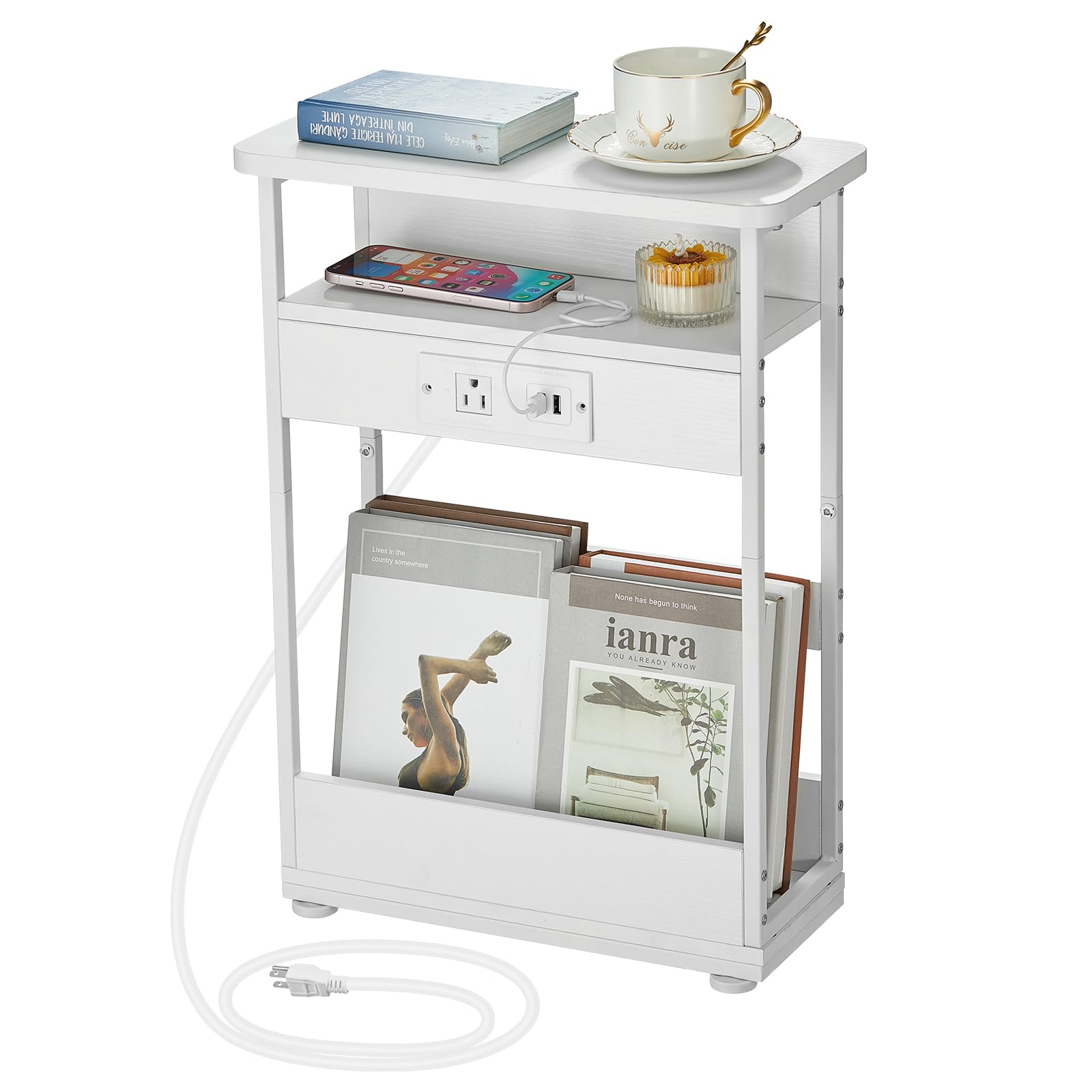 YEAKOO Narrow Side Table with Charging Station | 3-Tier Slim Nightstand