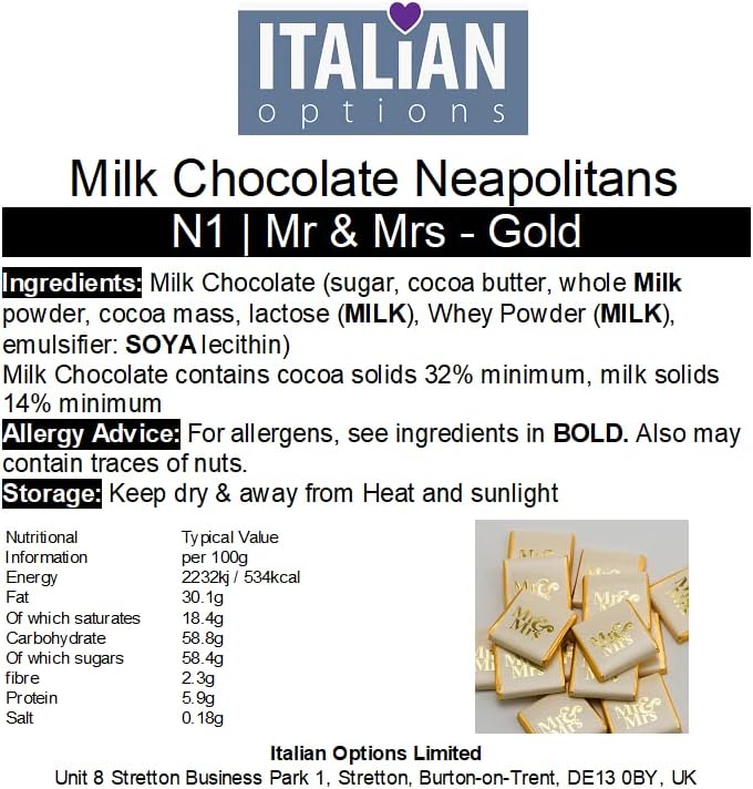 Italian Options Gold Mr & Mrs Wedding Milk Chocolate Neapolitans - 100 Pack