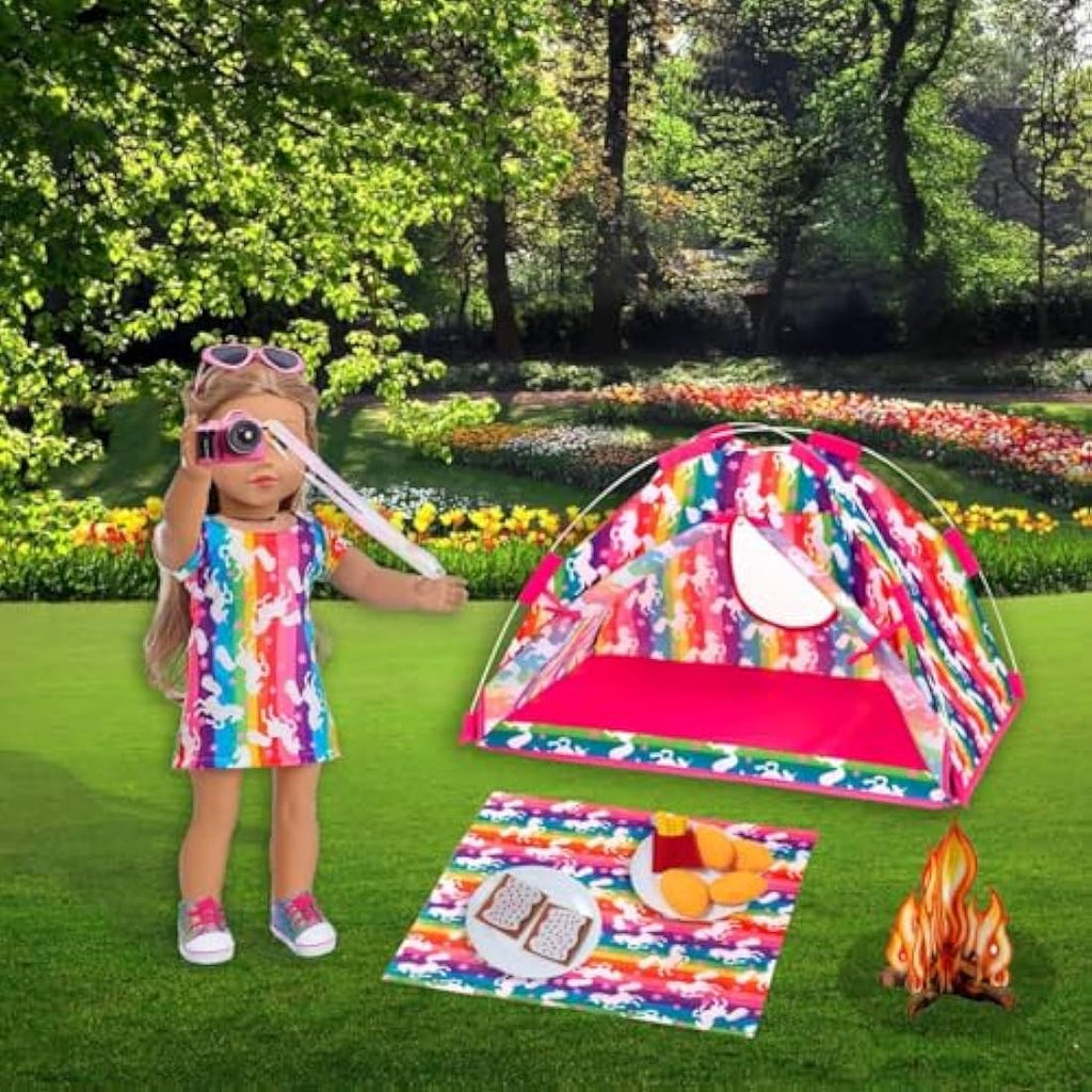 18 Inch Doll Camping Tent Set – Unicorn Playset & Accessories