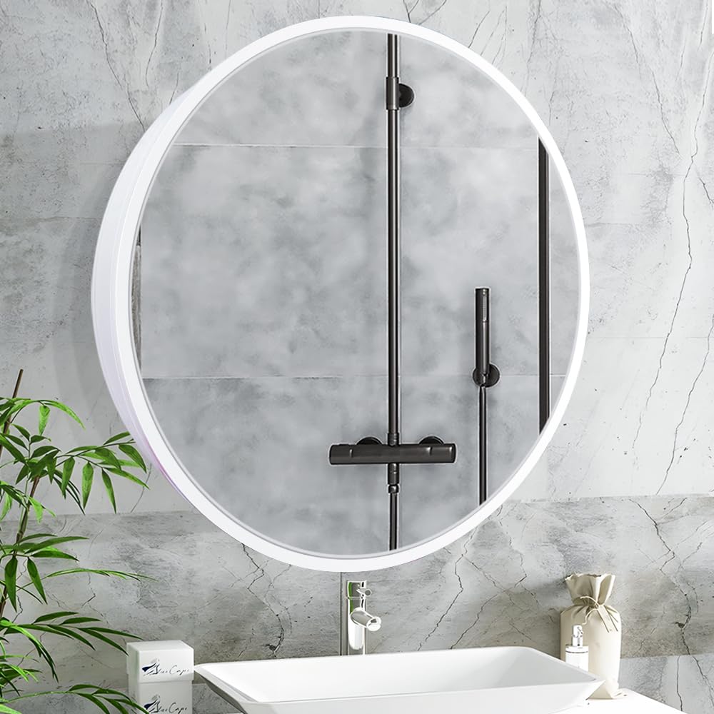 Janboe 26" Round Medicine Cabinet | White Aluminum Mirror with Soft Close