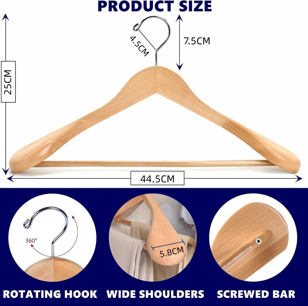 Amber Home Natural Wooden Suit Hangers | Wide Shoulder 10-Pack