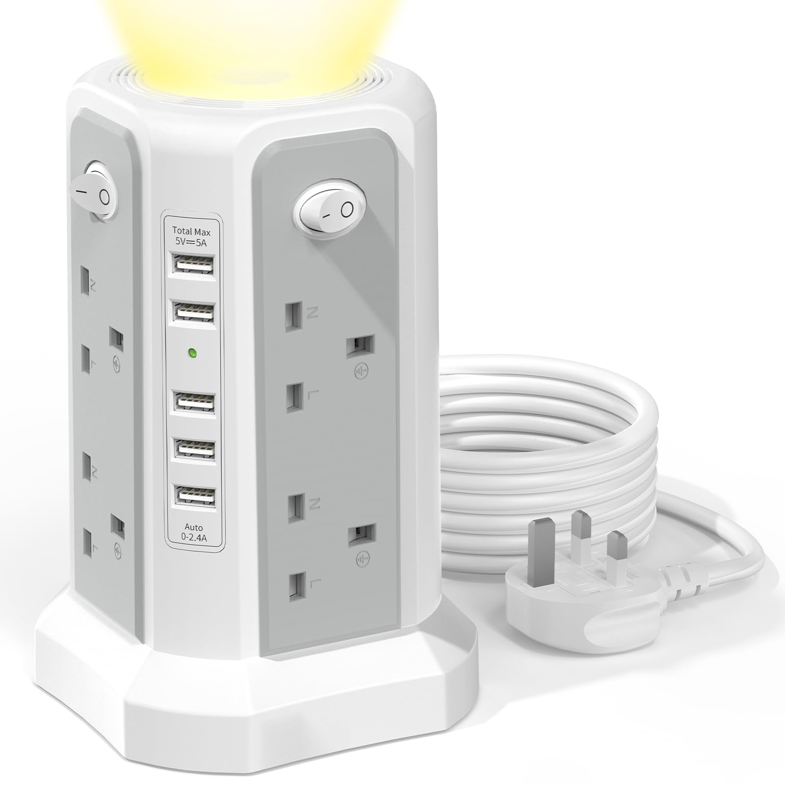 8-Way Tower Extension Lead with 5 USB Ports & Night Light